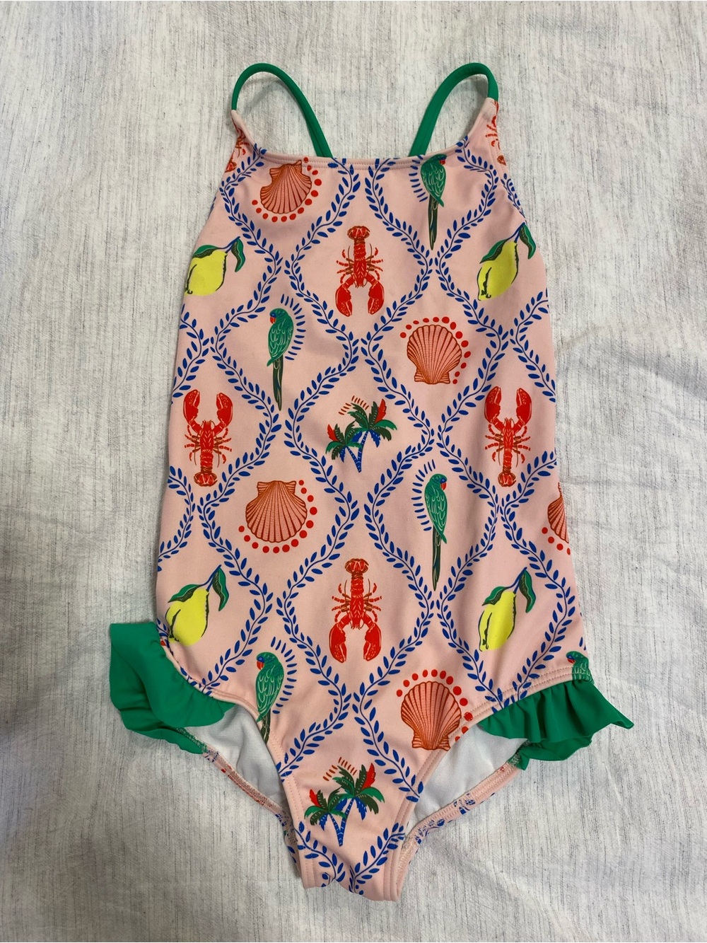 Mini Boden Pink Tropical One-Piece Swimsuit with Green Trim
